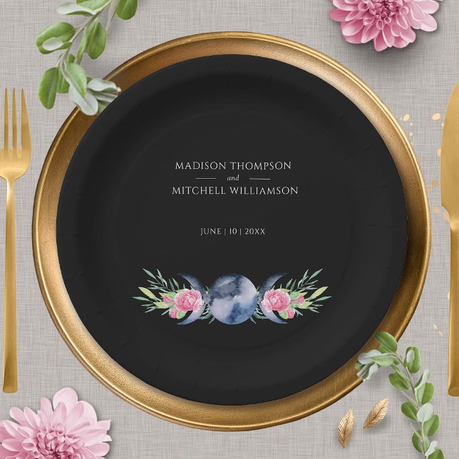Moon Phase Pink Roses Floral Metaphysical Wedding Paper Plate (Creator Uploaded)