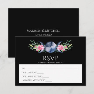 Moon Phase Pink Roses Floral Metaphysical Wedding RSVP Card