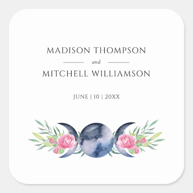 Moon Phase Pink Roses Floral Metaphysical Wedding Square Sticker (Front)