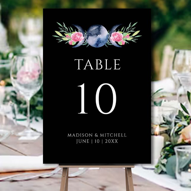 Moon Phase Pink Roses Floral Metaphysical Wedding Table Number (Creator Uploaded)