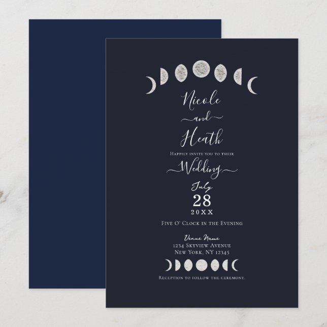 Moon Phases Blue Astrology Celestial Wedding  Invitation (Front/Back)