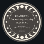 Moon Phases boho celestial Wedding favour thankyou Classic Round Sticker<br><div class="desc">This boho wedding thankyou sticker features a celestial design perfect for anybody with a moon and stars or spooky theme for their wedding. The border has a simple design with moon phases and stars in a black and cream colour palette.</div>