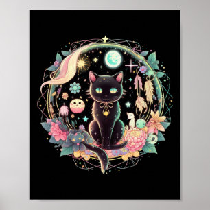 Moon Phases Crystal Witchy Cute Black Cat Kawaii P Poster