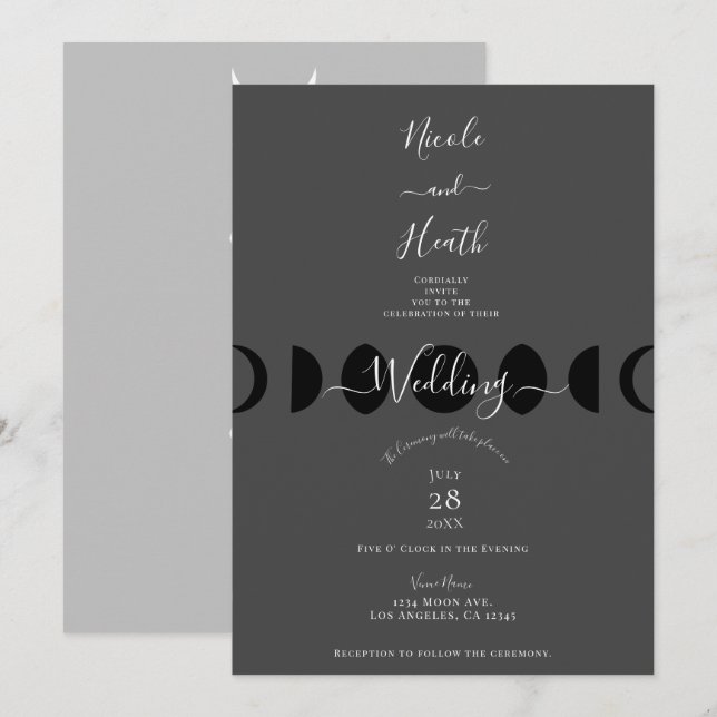 Moon Phases Cycles Black Grey & White Wedding    Invitation (Front/Back)