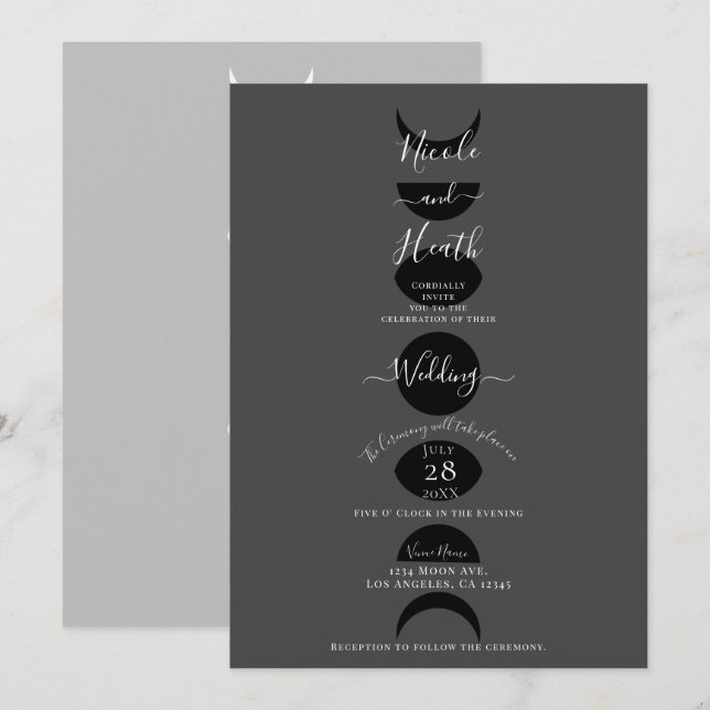 Moon Phases Cycles Black Grey & White Wedding    Invitation (Front/Back)