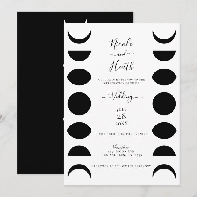 Moon Phases Cycles Black & White Wedding  Invitation (Front/Back)