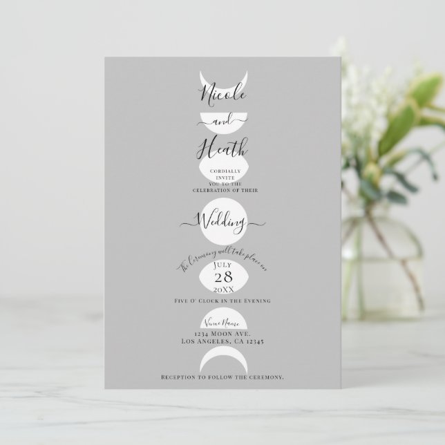 Moon Phases Cycles Silver Grey & White Wedding    Invitation (Standing Front)
