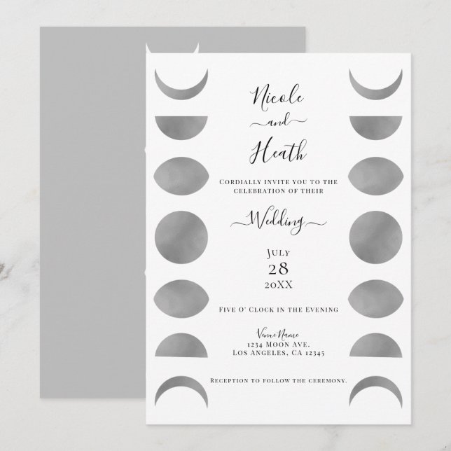 Moon Phases Cycles Silver Grey & White Wedding   Invitation (Front/Back)