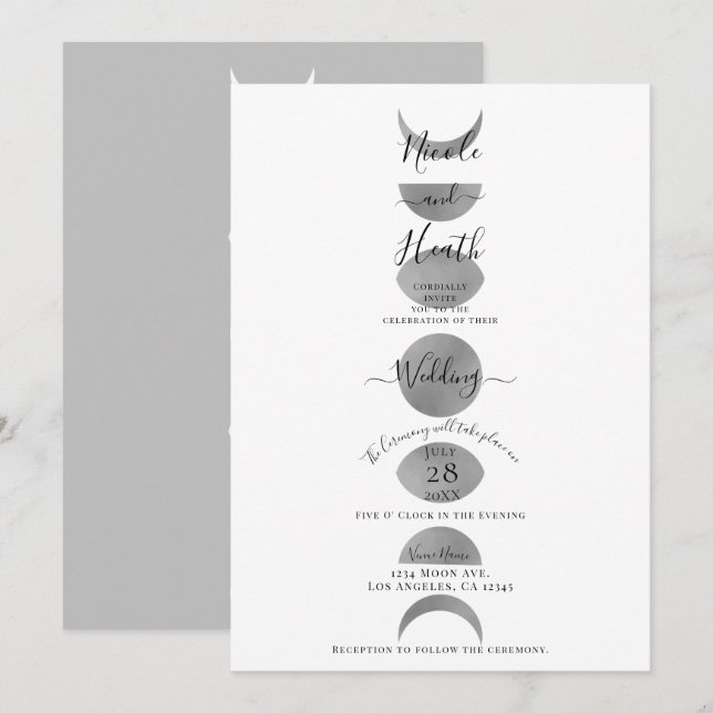Moon Phases Cycles Silver Grey & White Wedding   Invitation (Front/Back)