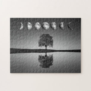 Moon Phases & Glowing Stars, Lone Tree & Lake, B/W Jigsaw Puzzle
