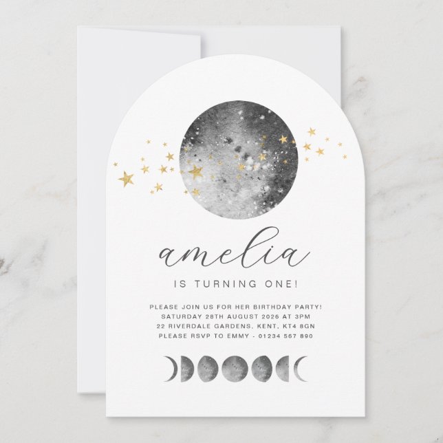 Moon Phases Gold Stars Birthday Invitation (Front)