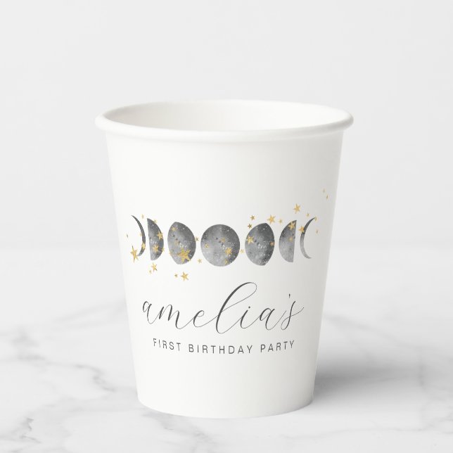 Moon Phases Gold Stars Paper Cups (Front)