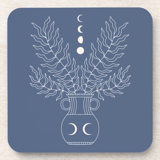 Moon phases leaves alchemy foliage urn slate blue coaster (Front)