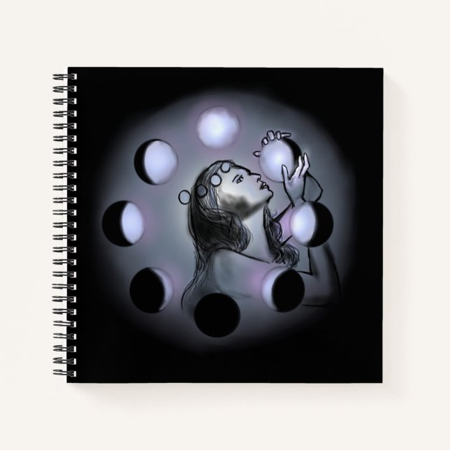 Moon Phases Notebook – Woman Gazing at Lunar Glow (Front)