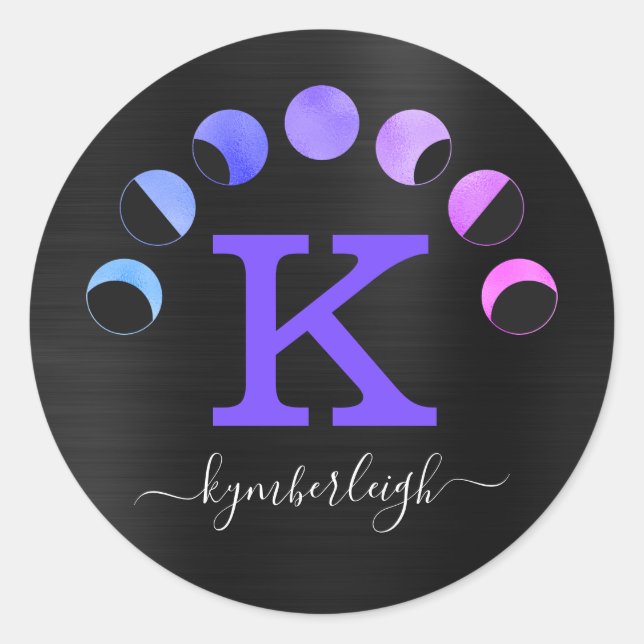 Moon Phases Purple Pink Teal Glam Monogram Name Classic Round Sticker (Front)