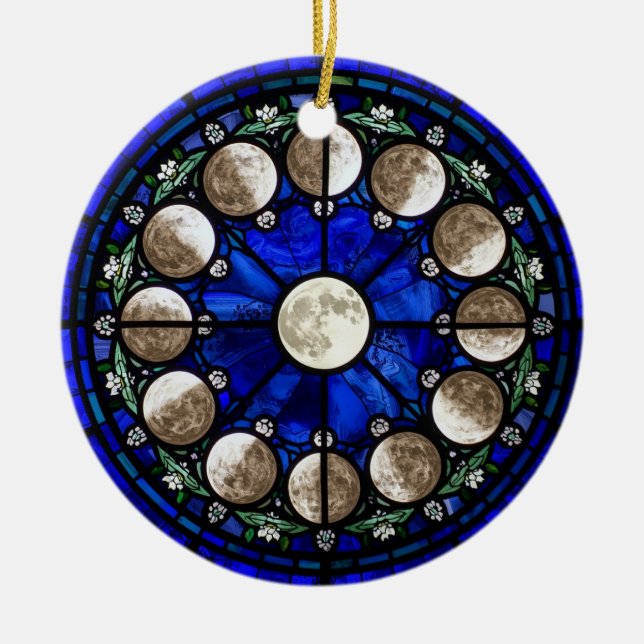 Moon Phases Stained Glass Circle Ceramic Tree Decoration (Front)