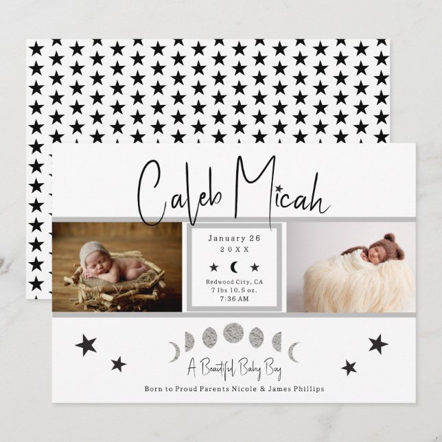 Moon Phases & Stars Photo Baby Birth Announcement (Front/Back)
