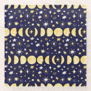 Moon Phases Stars Vintage Background Glass Coaster