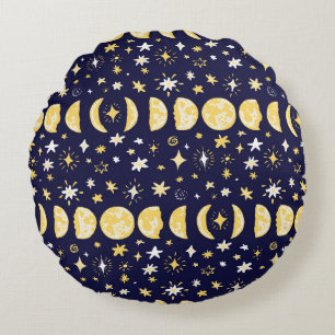 Moon Phases Stars Vintage Background Round Cushion