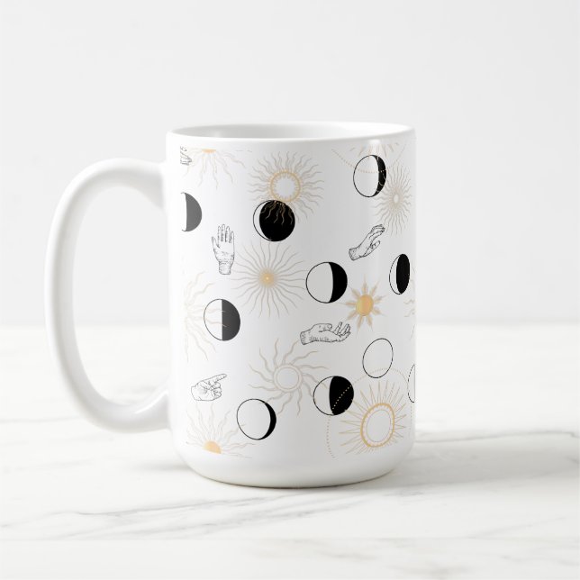 Moon phases suns hand signals retro clouds coffee mug (Left)