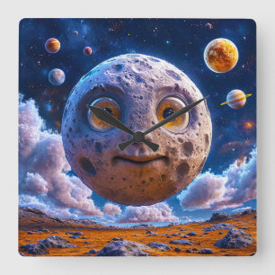 Moon planets galaxy square wall clock