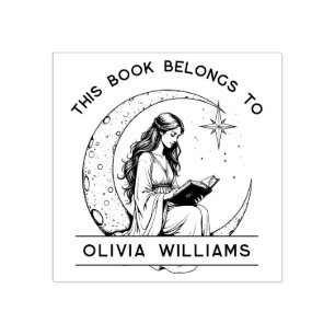 Moon Princess Crescent Moon Reading Ex Libris Rubber Stamp