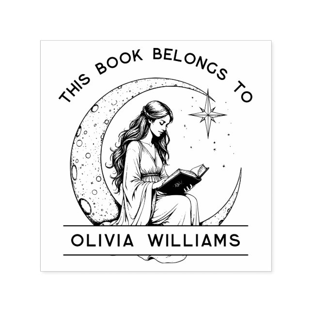 Moon Princess Crescent Moon Reading Ex Libris Self-inking Stamp (Design)