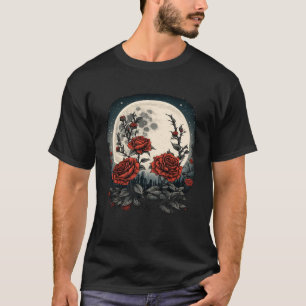 Moon Red Roses Flowers Floral Botanist Gardener T-Shirt