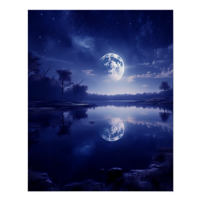 Moon Reflecting Onto Lake Surface Poster (Front)