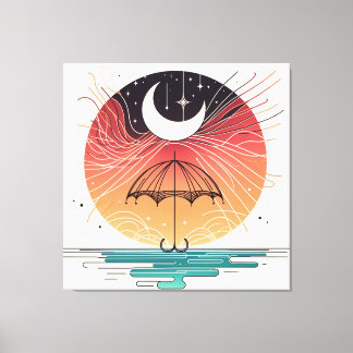 Moon Resting on Umbrella with Star Rain Canvas Print