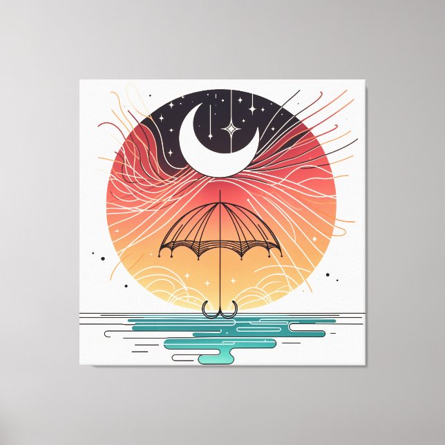 Moon Resting on Umbrella with Star Rain Canvas Print (Front)