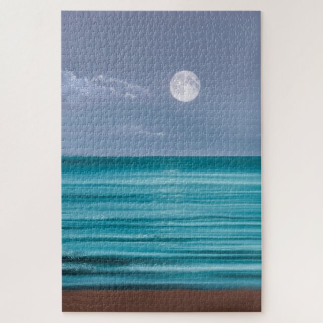 Moon rise over teal sea jigsaw puzzle (Vertical)
