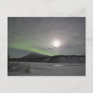 Moon rises over curtain of green aurora borealis postcard