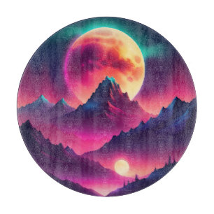 moon rising between the mountains cutting board