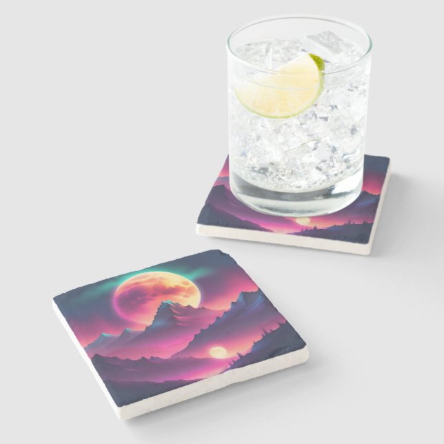 moon rising between the mountains stone coaster (Side)
