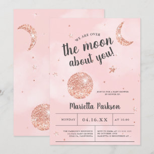 Moon rose gold glitter pink clouds baby shower invitation