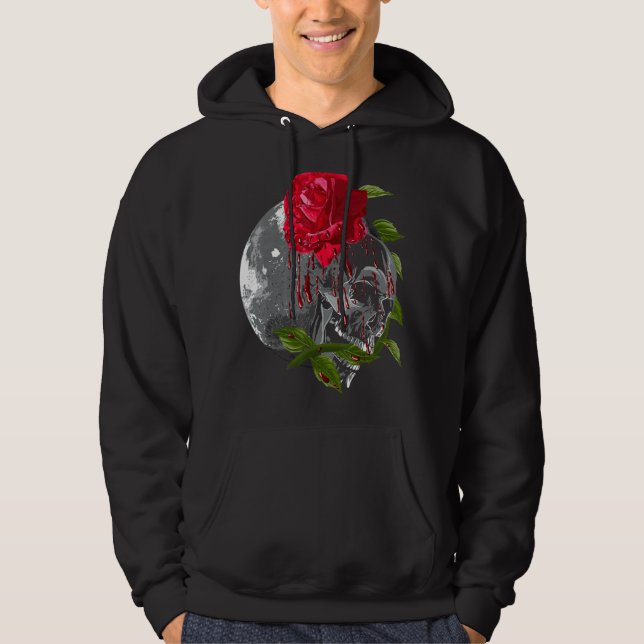 Moon Rose Skull Gothic Illustration Emo Death Meta Hoodie (Front)