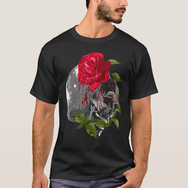 Moon Rose Skull Gothic Illustration Emo Death Meta T-Shirt (Front)