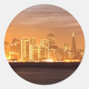 Moon setting over San Francisco on hazy December Classic Round Sticker