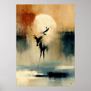 Moon Shika Japanese Sumi-E Abstract Deer Wall Art