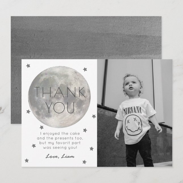 Moon Silver Boy Photo Birthday Thank You Card (Front/Back)