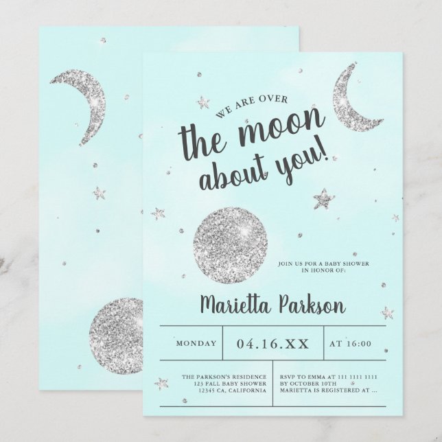 Moon silver glitter blue clouds baby shower invitation (Front/Back)