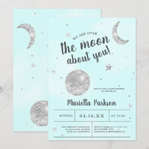 Moon silver glitter blue clouds baby shower invitation