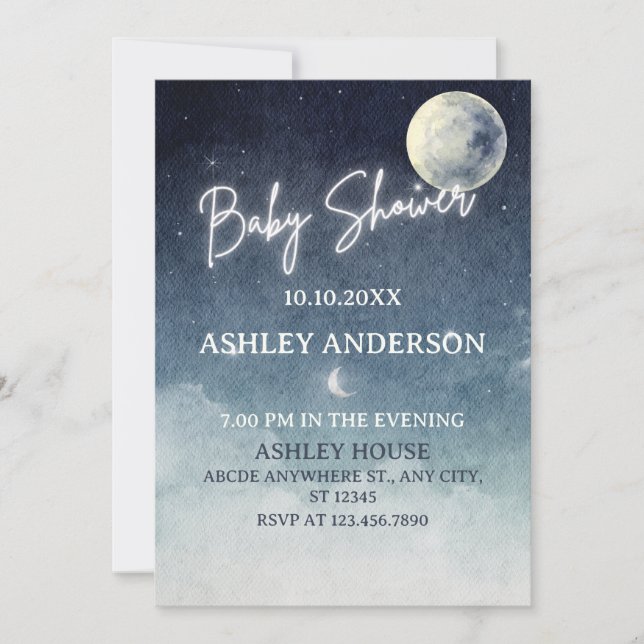 Moon sky light stars watercolor BABY SHOWER Invitation (Front)