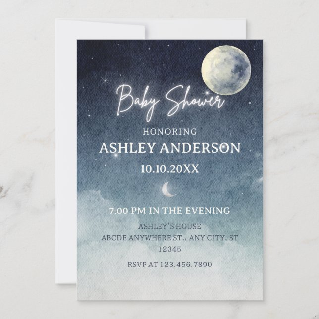 Moon sky light stars watercolor BABY SHOWER Invitation (Front)