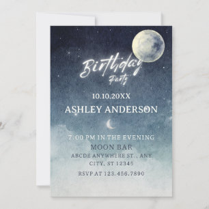 Moon sky light stars watercolor birthday invitation