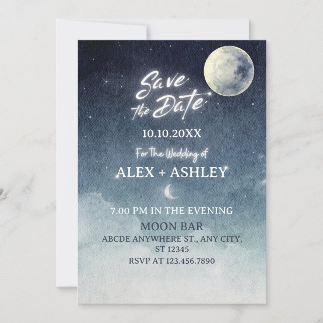 Moon sky light stars watercolor save the date (Front)