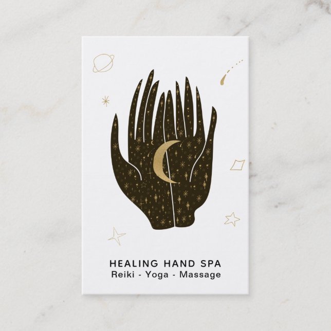 *~* Moon Space Stars Gold Healing Hands Celestial Business Card (Front)