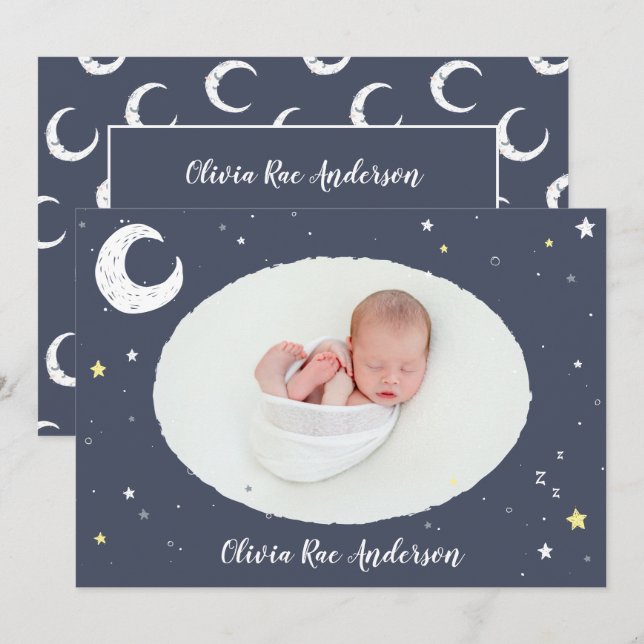 Moon, star and cloud cute photo birth announcement (Front/Back)