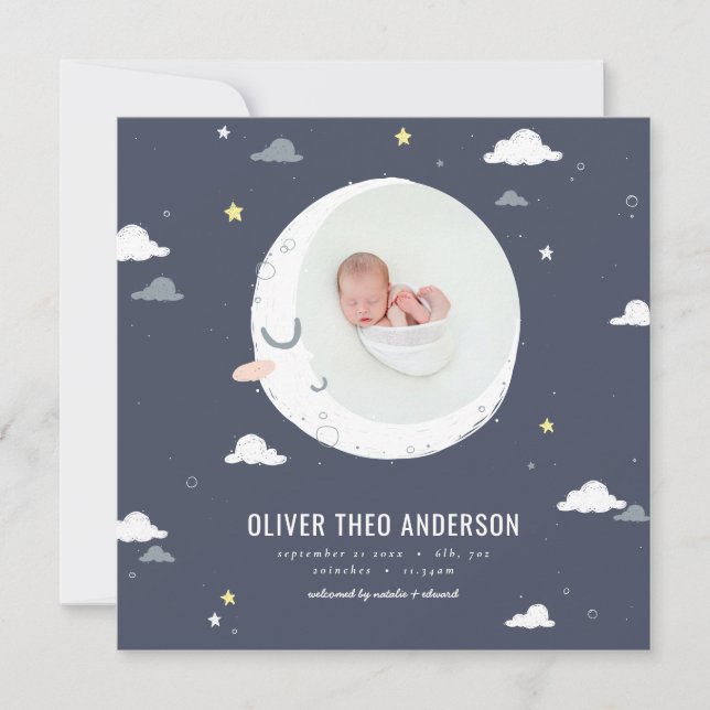 Moon, star and cloud cute photo birth announcement (Front)